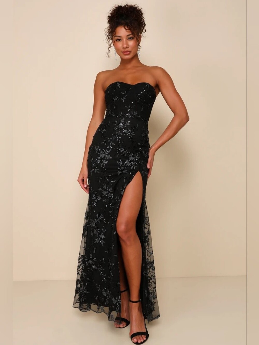 Lulus Confident Sensation Black Sequin Strapless Bustier Maxi Dress Size M NWT